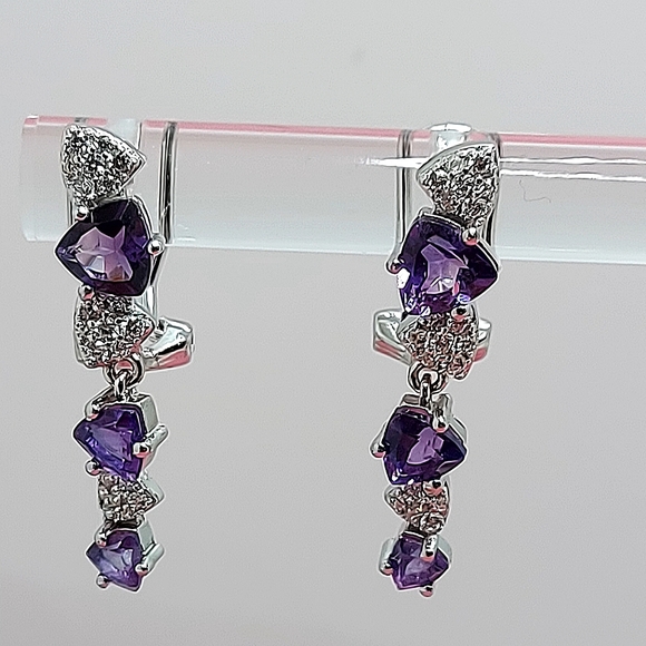 Natural Amethyst 6mm & CZ 14K White Gold Plate on 925 Sterling Silver Earrings - Picture 2 of 6
